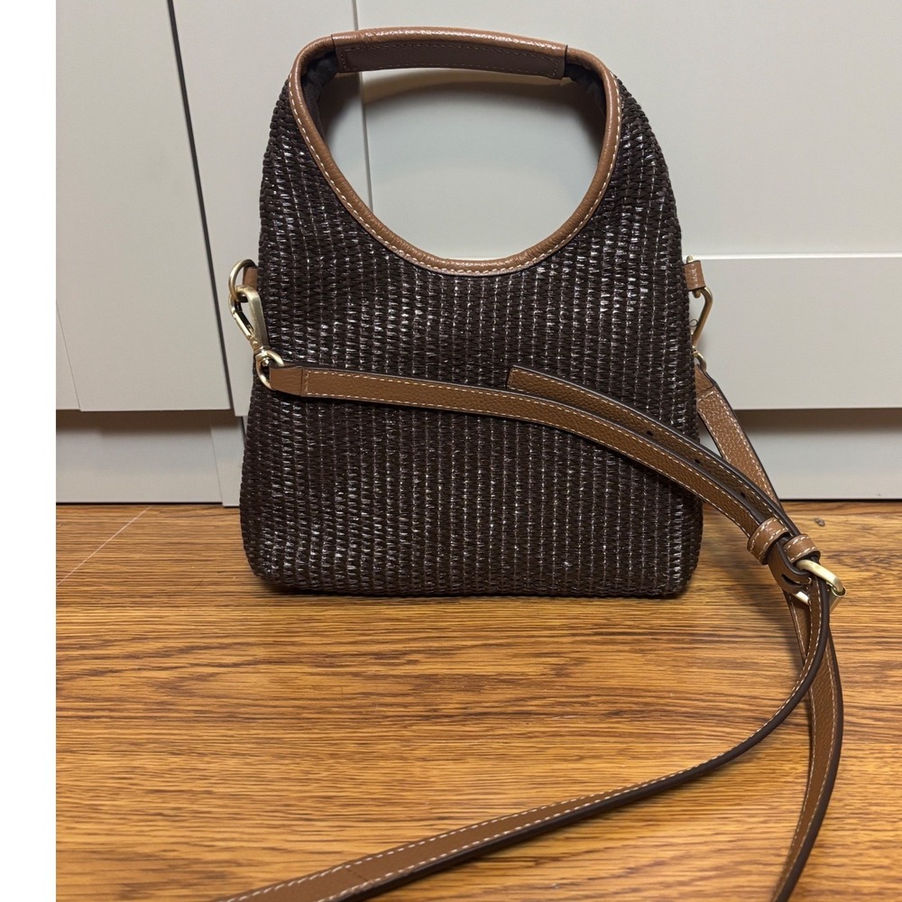 J. JILL Woven Crossbody Bag Dark Brown Leather Trim Top Handle Small Satchel